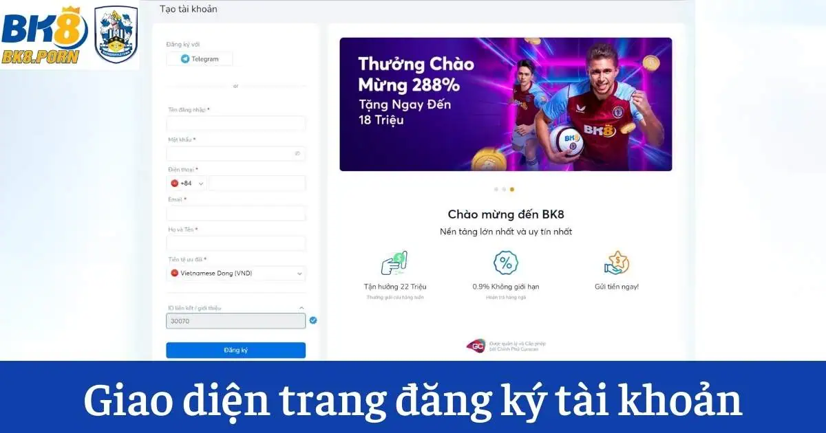 Giao diện trang đăng ký tài khoản BK8