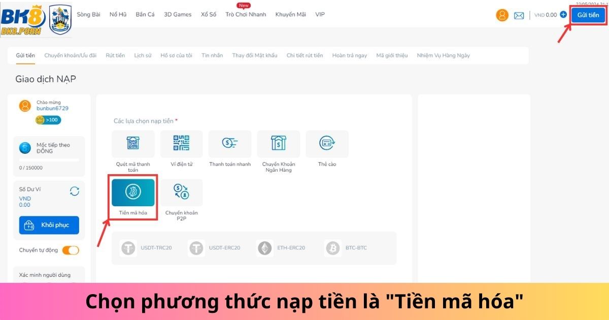 Chọn phương thức nạp tiền là "Tiền mã hóa"