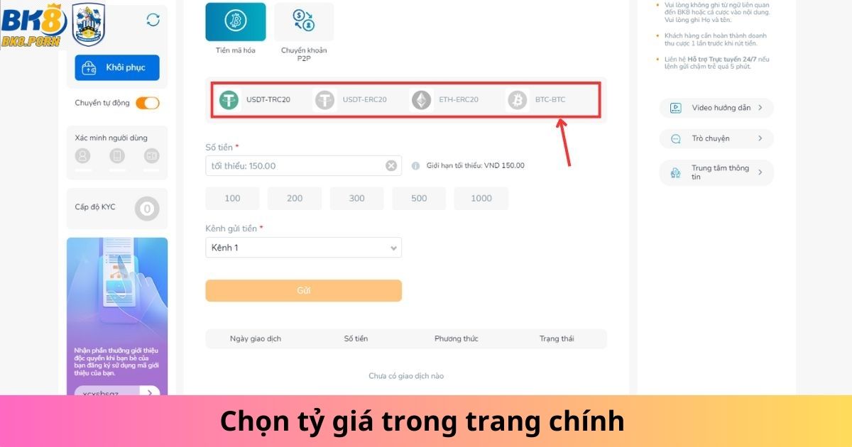 Chọn loại tiền trong trang chính thức của nhà cái BK8