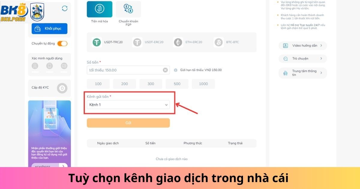 Tuỳ chọn kênh giao dịch khi nạp tiền BK8 bằng USDT