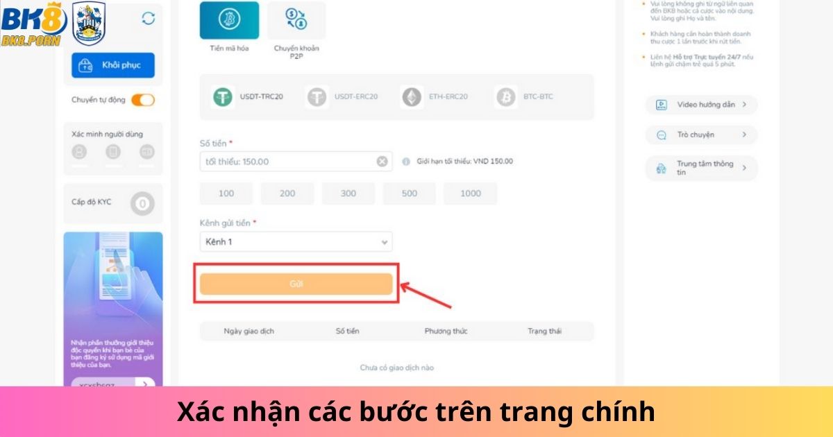 Xác nhận các thông tin nạp tiền USDT trên trang BK8