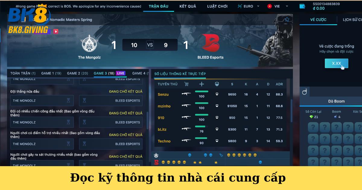 Đọc kỹ thông tin nhà cái cung cấp trước khi đặt kèo tại Sảnh Thể Thao Điện Tử BK8