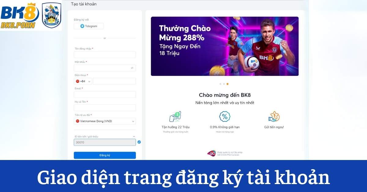 Giao diện trang đăng ký tài khoản BK8